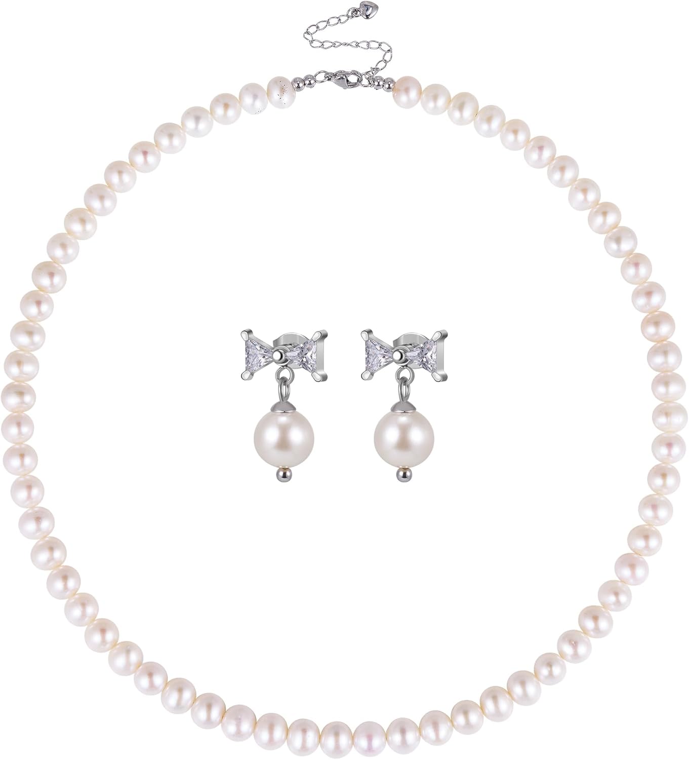 Freshwater Cultured Pearl Necklace Set Includes Cute Bow Pearl Earrings Jewelry for Women