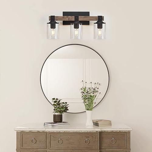 Miniatura 7 de Luces de baño de granja sobre espejo, lámpara rústica de 5 luces con pantalla de vidrio transparente, iluminación de pared interior para sala de