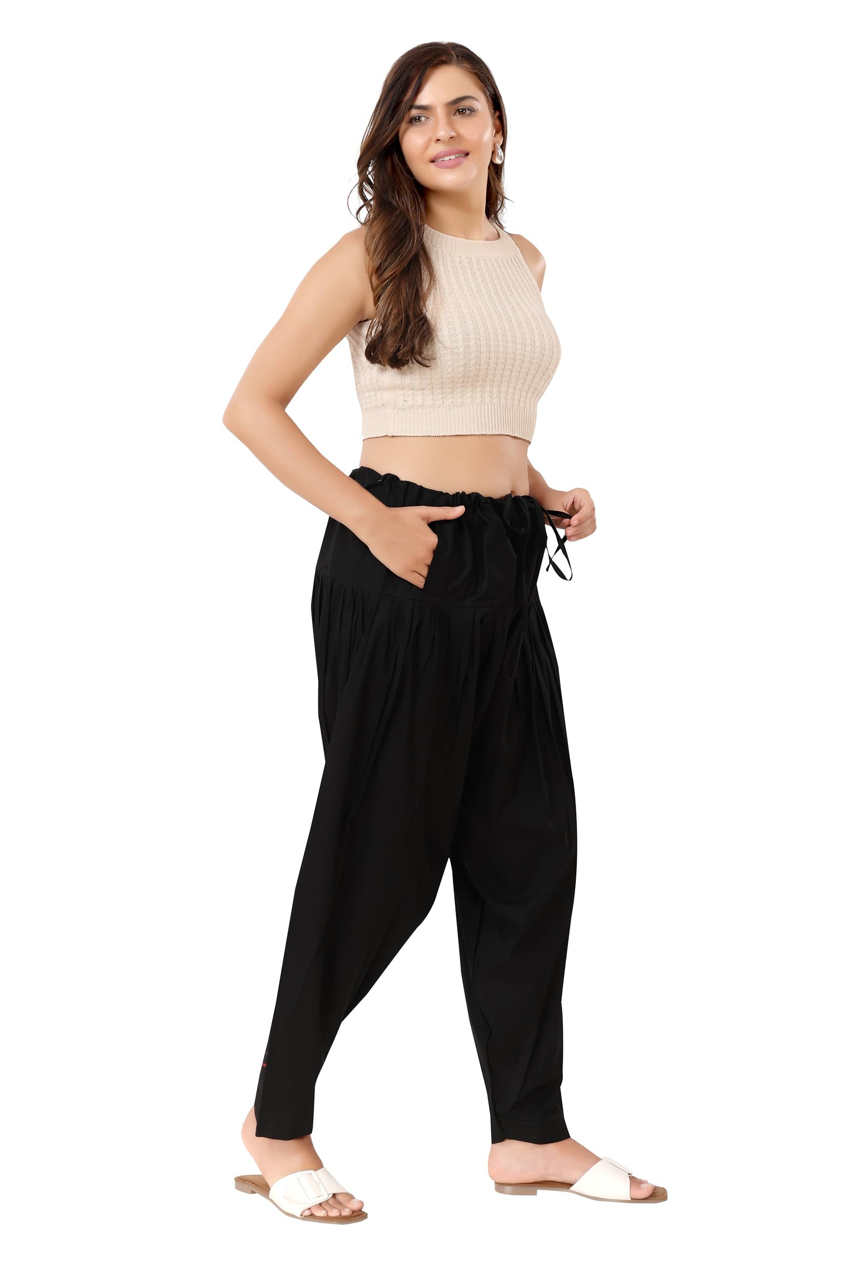 TRASA Semi Patiala Salwar Cotton One Side Pocket Traditional Indian Bottomwear - Free Size Fit up to XXL - Black - Image 7 thumbnail
