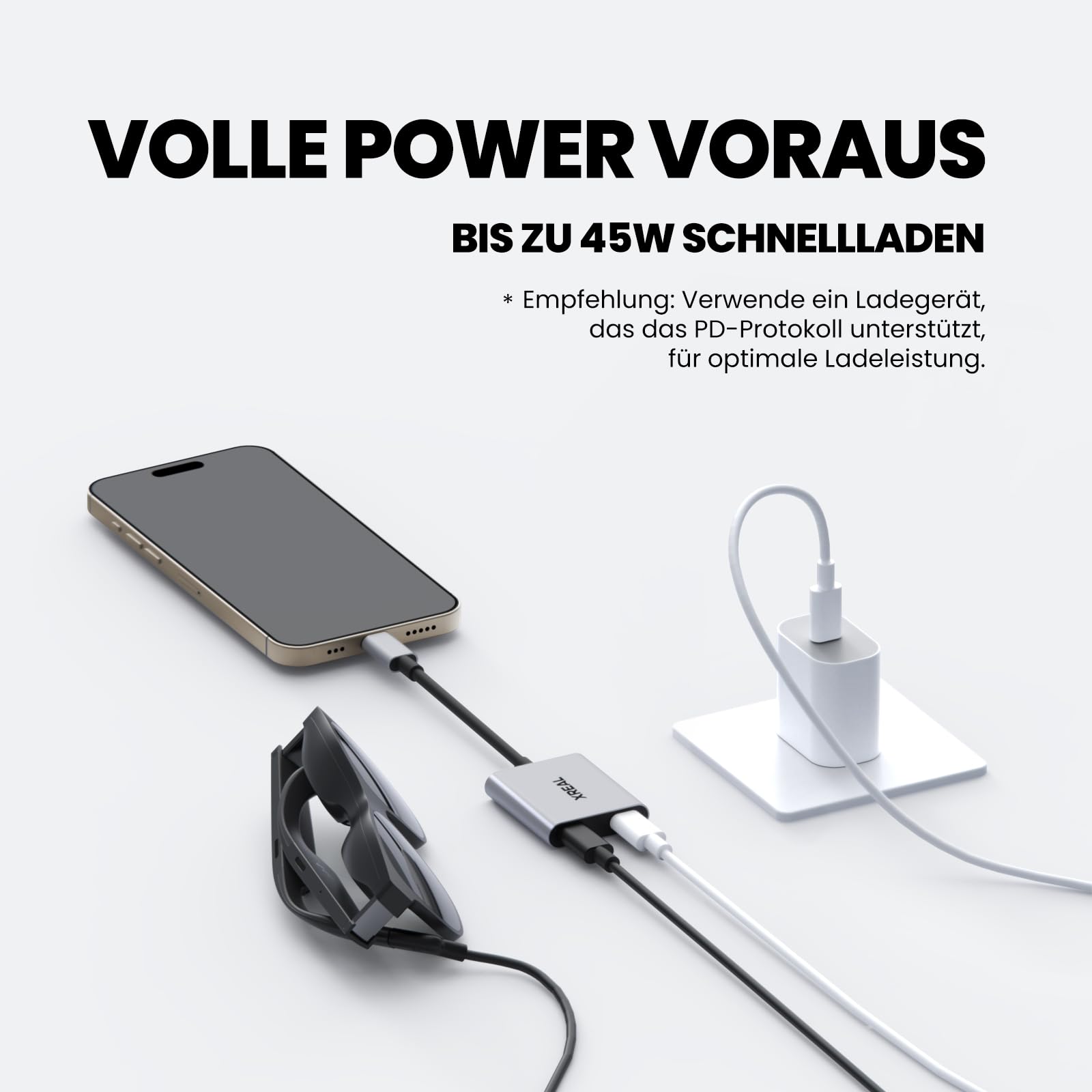 XREAL Hub Power und Play Adapter 45W Schnellladung für AR-Brille Steam Deck ROG Ally Switch iPhone 15 Android