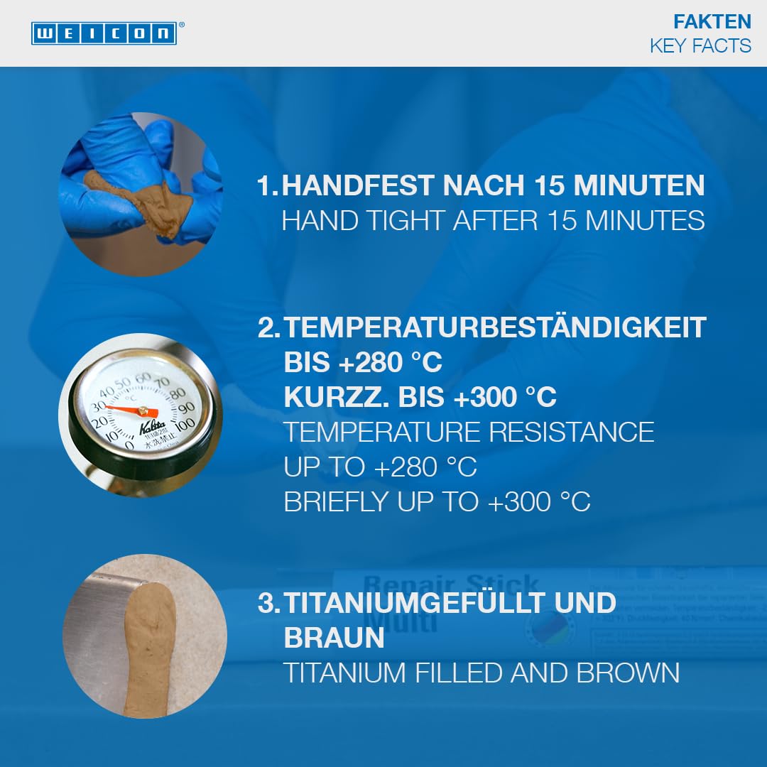 WEICON Repair Stick Titanium, 115 g, Metallknete, Titan Epoxidharz Knete, 2 Komponenten Reparaturknete, braun
