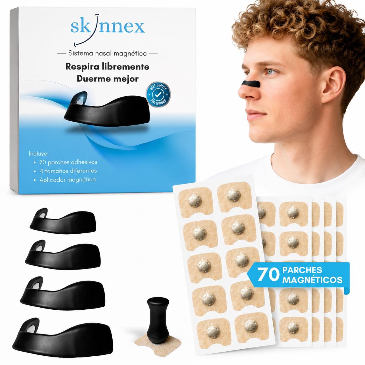 Tiras nasales magnéticas dormir - SKINNEX - respirador nasal magnético reutilizable con bandas magnéticas respiratorias para deporte running descanso flujo aire - 4 bandas + 70 parches + Aplicador
