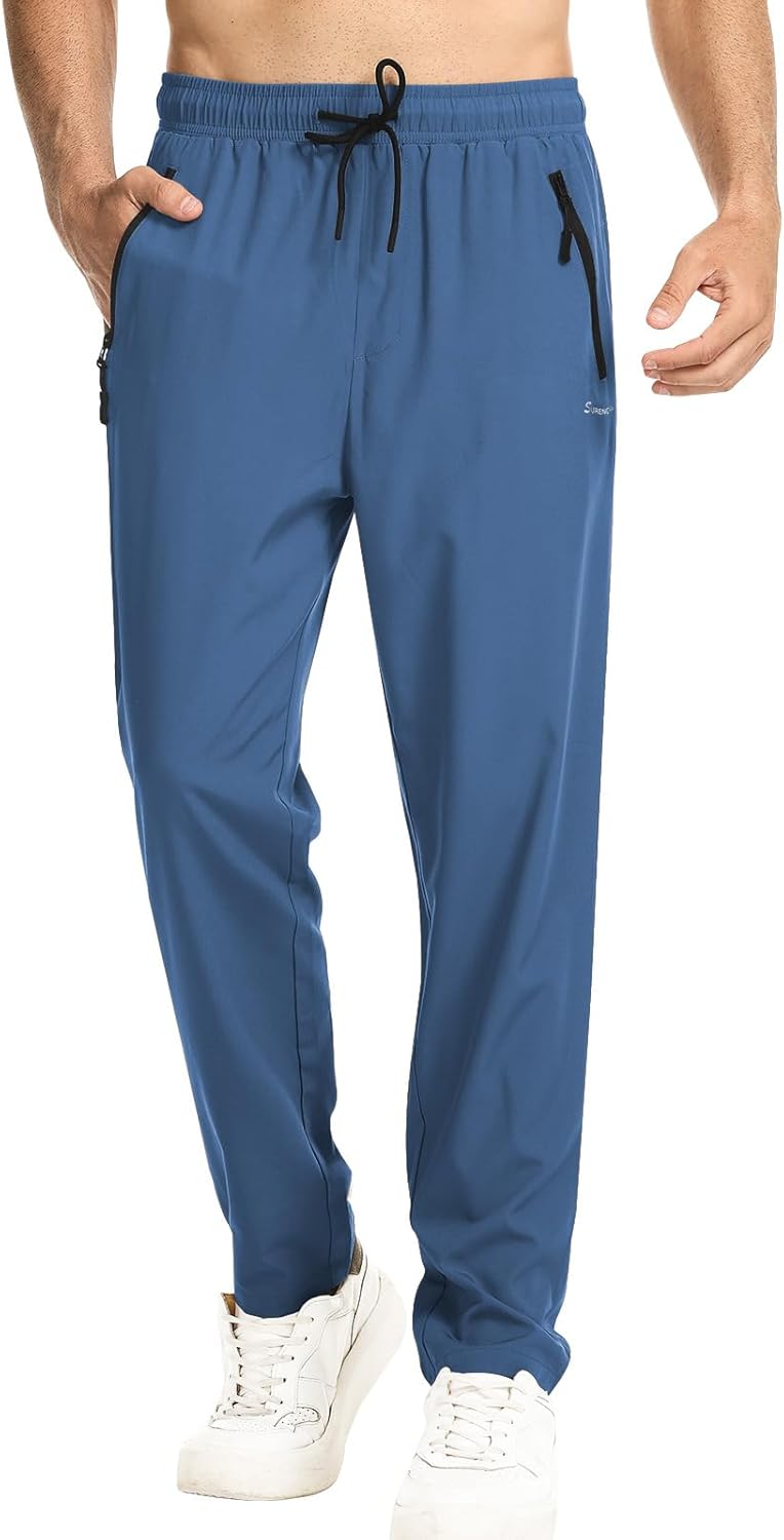 Surenow Men's Athletic Pants Elastic Waist Quick-Dry Lightweight Pants Workout Outdoor Sweatpants with Zipper Pockets