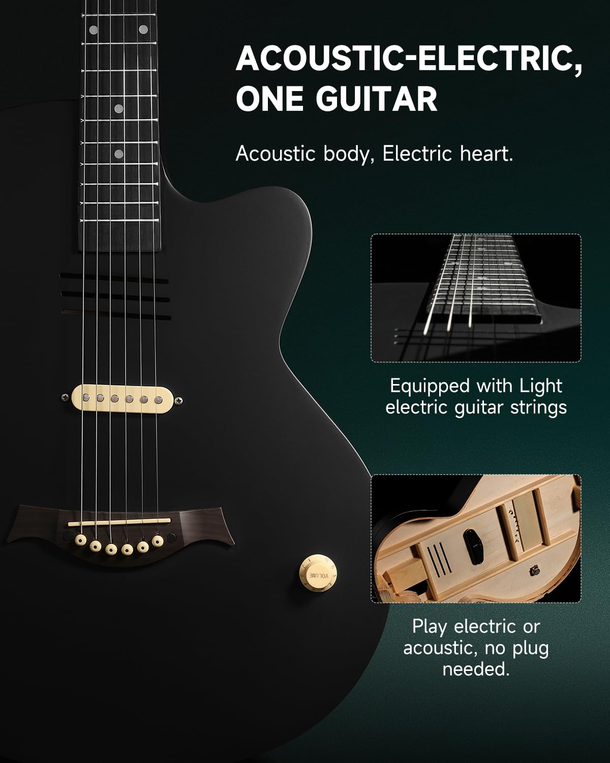 Moukey BCC-100 da 39 pollici Chitarra acustica elettrificata, chitarra cutaway con pickup passivo, custodia morbida, tracolla, plettri, accordatore e capotasto, nera