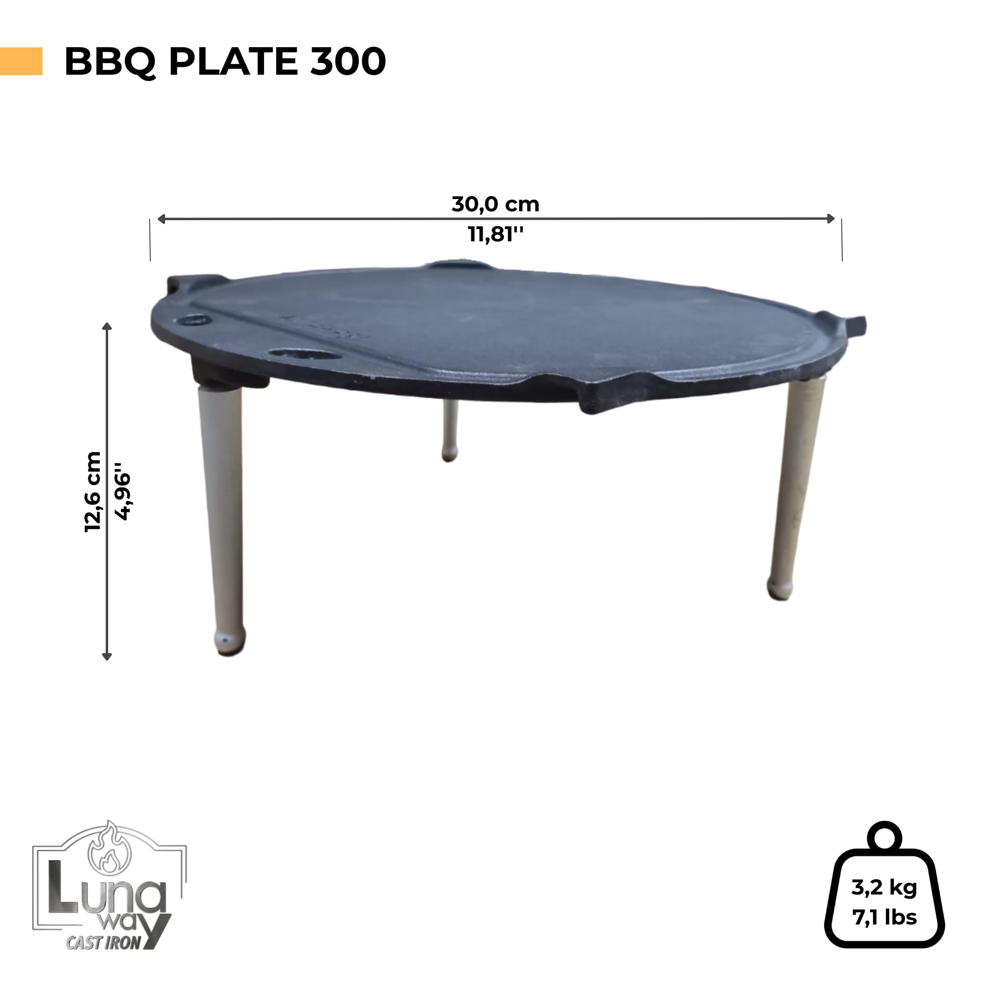 Piastra Ø30 cm in Ghisa smaltata | Per Barbecue Camino Braciere Fornelli e Fuovo vivo | Piedini Regolabili | Compatibile con Weber e similari | Doppia Smaltatura Black di LUNAWAY