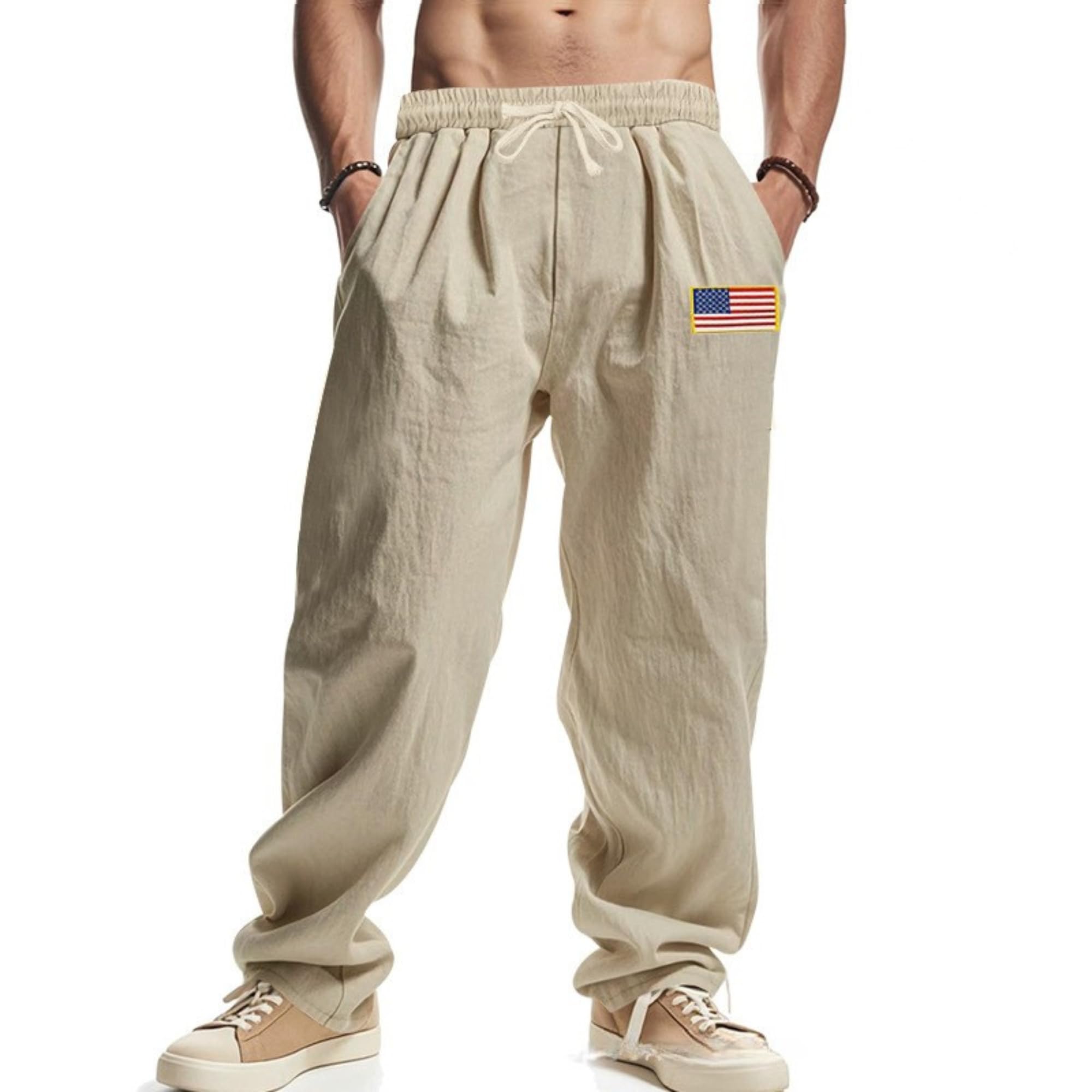 Men Summer Linen Pants USA Flag Splicing Hip Hop Pants Elastic Waist Drawstring Wide Leg Yoga Beach Trousers