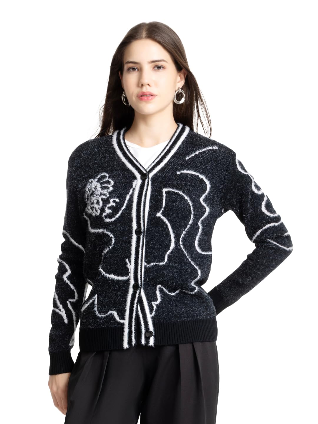 V-Neck Black Jacquard Long Sleeves Casual Knit Cardigan for Women-image-37