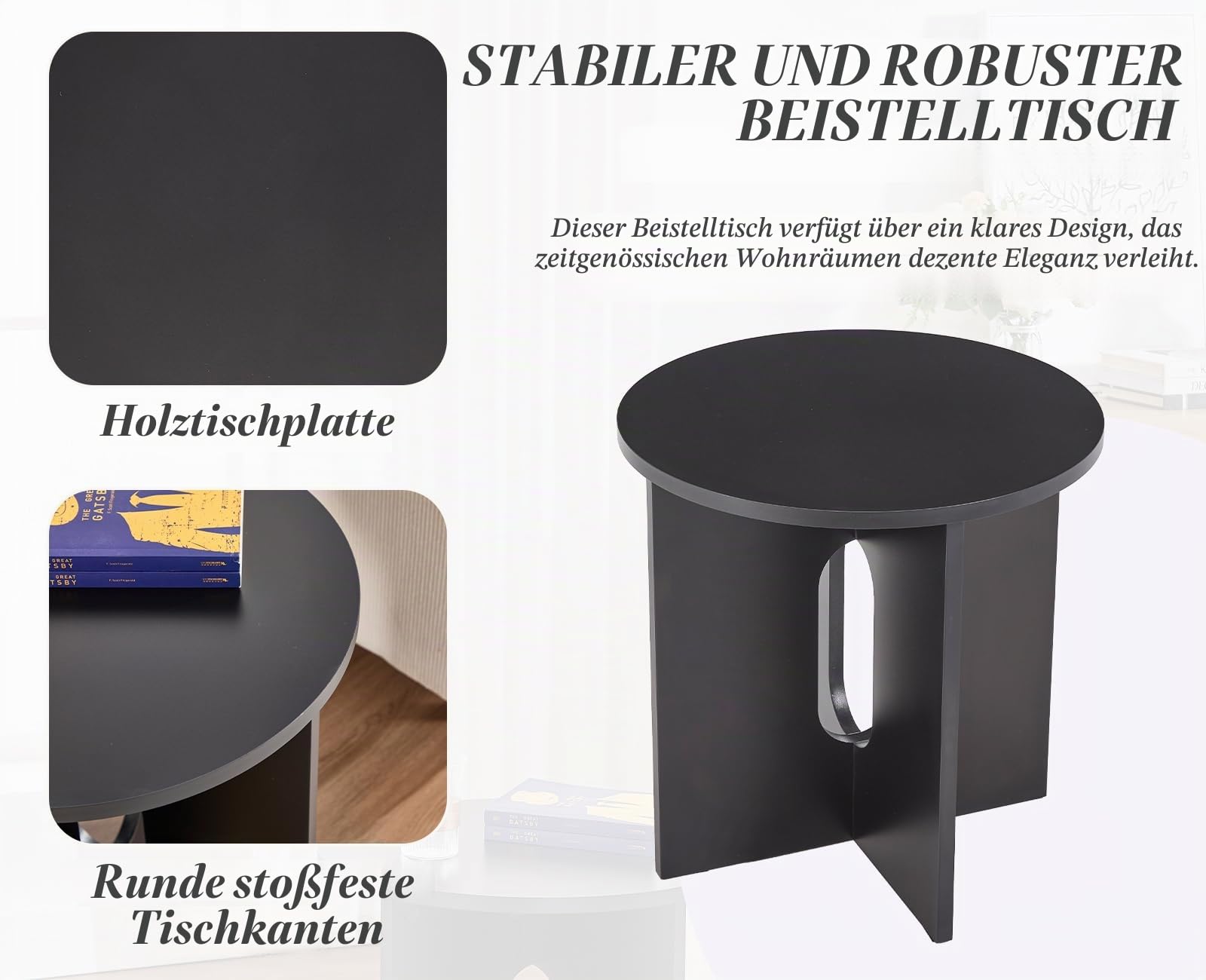 Ya-Home Beistelltisch rund, Sofatisch klein aus Holz, Schwarz