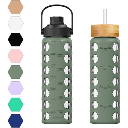 MUKOKO 32oz Glass Water Bottles with 2 Lids-Handle Spout Lid&Bamboo Straw Lid, Motivational Water Tumbler with Time Marker Reminder and Silicone Sleeve, Leakproof-Olive-1 Pack