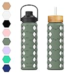 MUKOKO 24oz Glass Water Bottle with 2 Lids-Handle Flip Lid&Bamboo Straw Lid,Motivational Water Tumbler with Time Marker Reminder and Silicone Sleeve, Leakproof-Olive