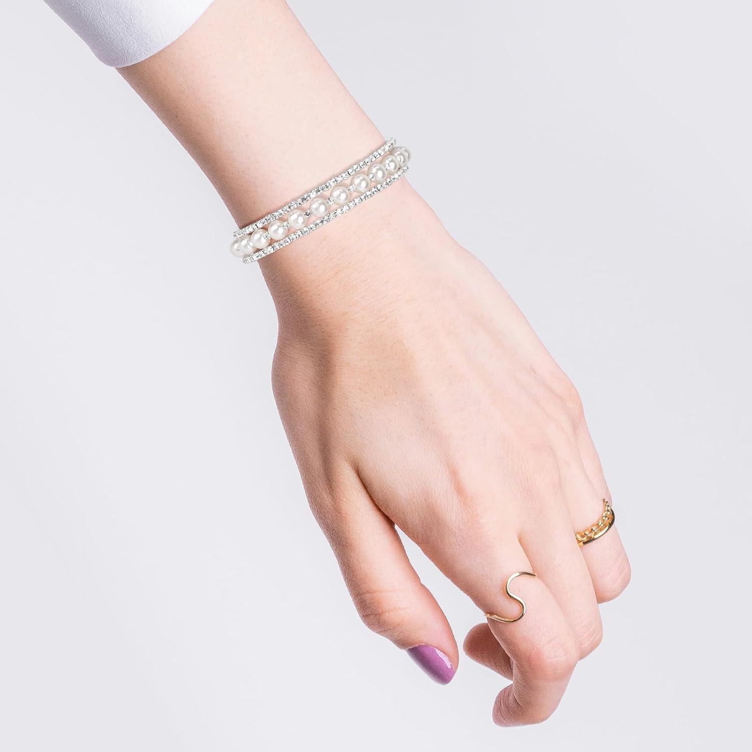 Imitation Pearl Stretchy Bracelet, White Multilayer Rhinestone Bangle Elastic Cuff Bracelet Stackable Dainty Wedding Jewelry for Women Brides Party Proms - Image 6