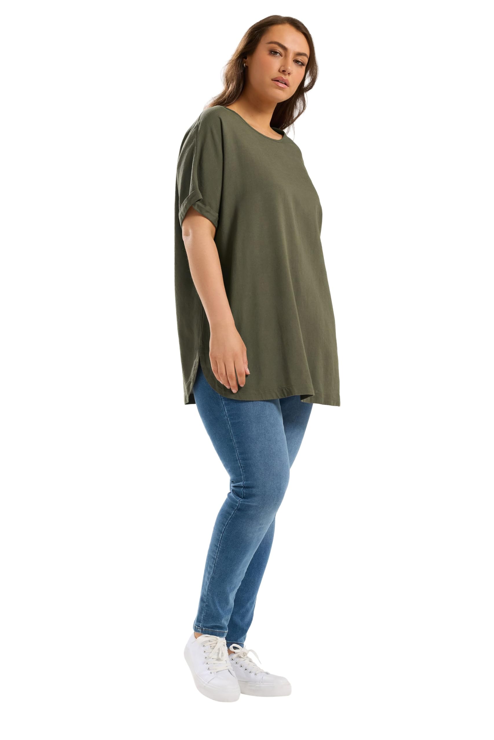 Yours Women's Olive Linen Boxy T-Shirt In | Size: 22/24