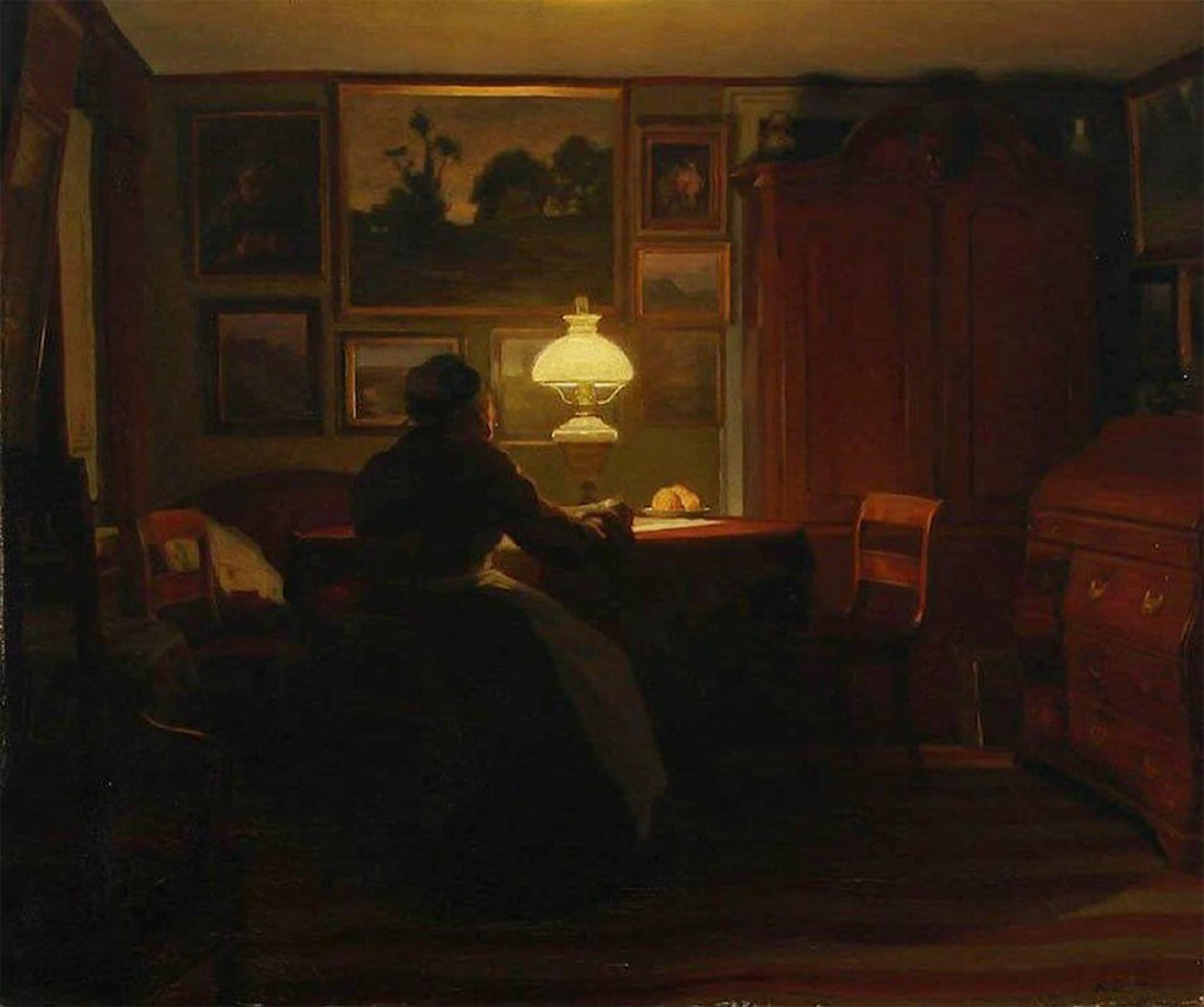 SERENDIPITP Vintage Picture Print on Canvas Wall Art Poster Interior with Woman Reading by Lamp Light Karl Jensen Artwork Print Poster for Wall Decor 60x90cm