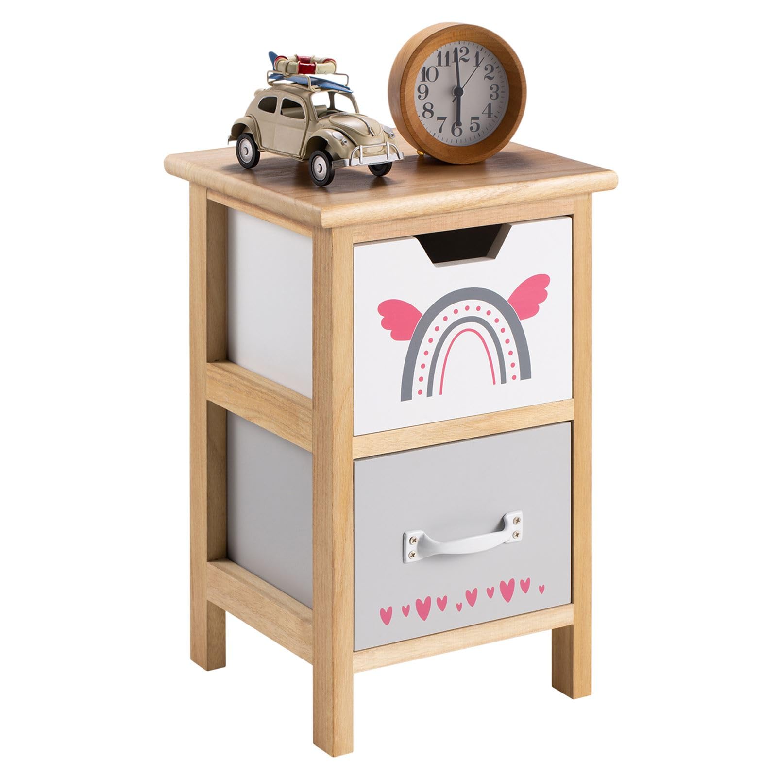 IDIMEX Table de Chevet Enfant ESTA Petite Commode en Bois de Paulownia Naturel, 2 tiroirs Gris et Blanc aux Motifs Arc-en-Ciel