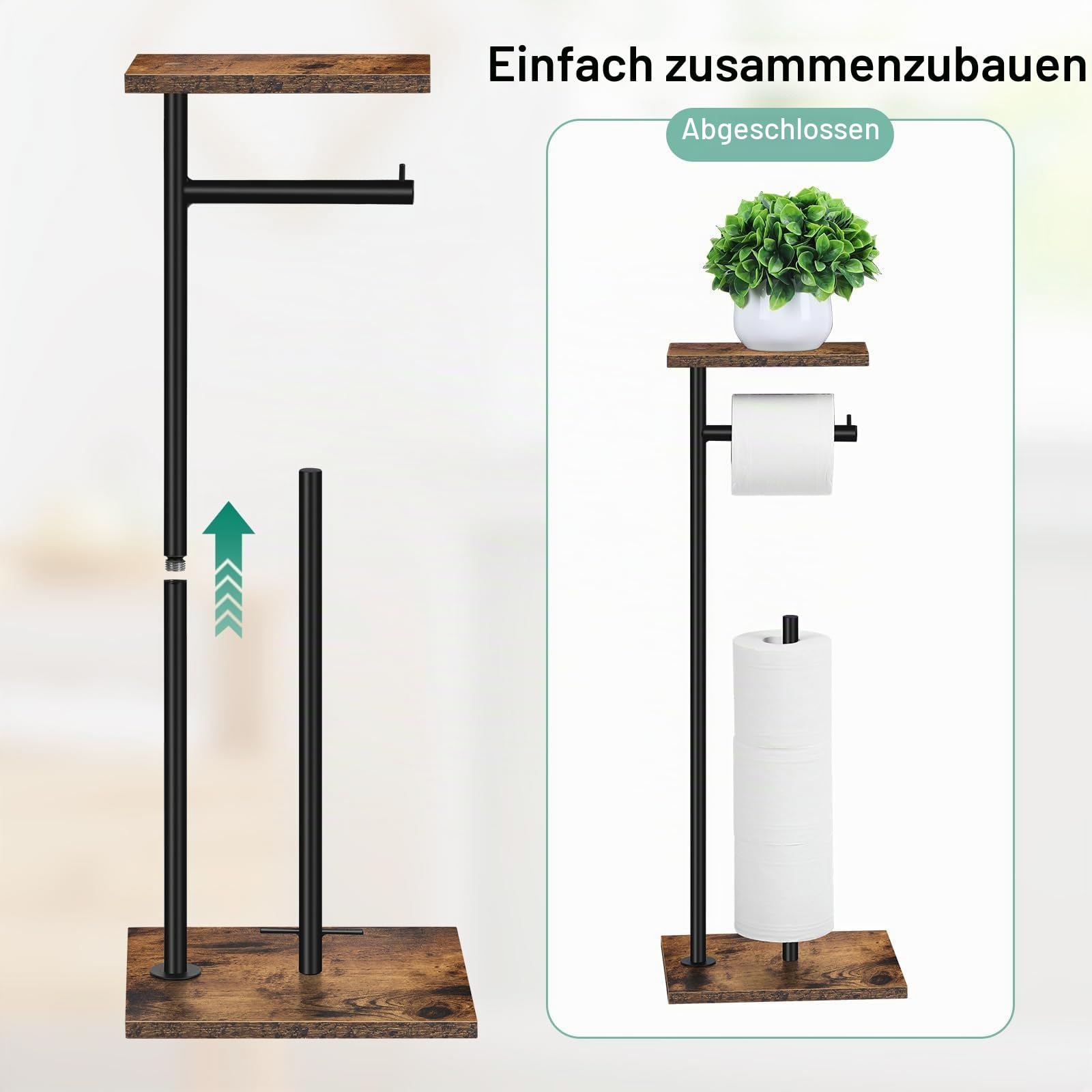 Toilettenpapierhalter Ständer mit Holzablage, freistehender Toilettenpapierhalter mit Telefonablage, Badezimmer-Ersatzpapier-Spender für 4 Reserverollen