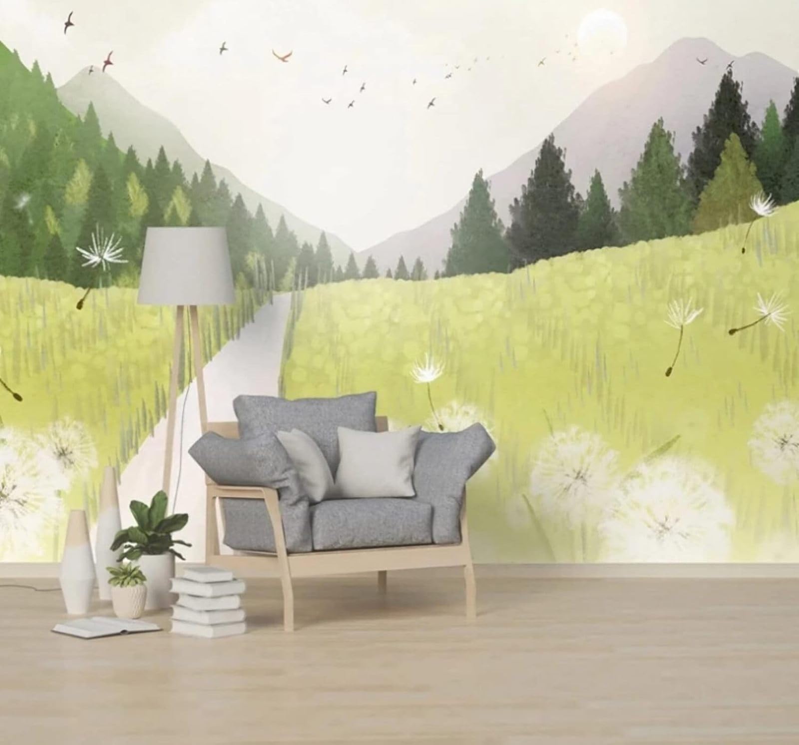 XLMING Hand Drawn Fresh Mountain Peaks Forest Landscape 3D Wallpaper Luxury Silk Study Dining Feature Sofa Grey Bedroom Living Room Tv Decorative Wall-400cm×280cm