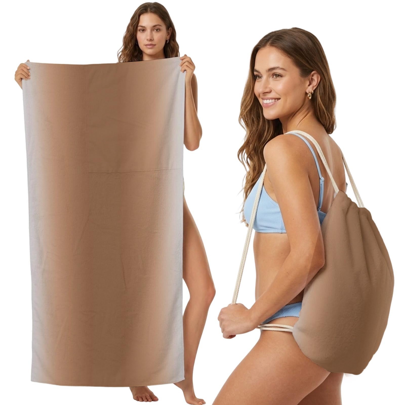 Beach Towel Bag 2 in 1 Brown Solid Color Bath Pool Towels Backpack Gradient Color Absorbent Beach Towel Soft Quick Dry Lightweight Packable Towels Drawstring Bag for Travel Camping Sports Yoga Picnic