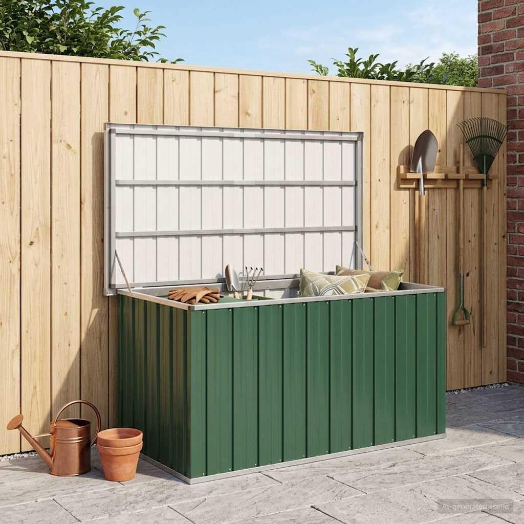 Contenitore da giardino verde in acciaio zincato con 0,38 m³ di capienza, 129 x 67 x 65 cm, impermeabile, con coperchio ribaltabile e facile montaggio, per balcone/terrazza