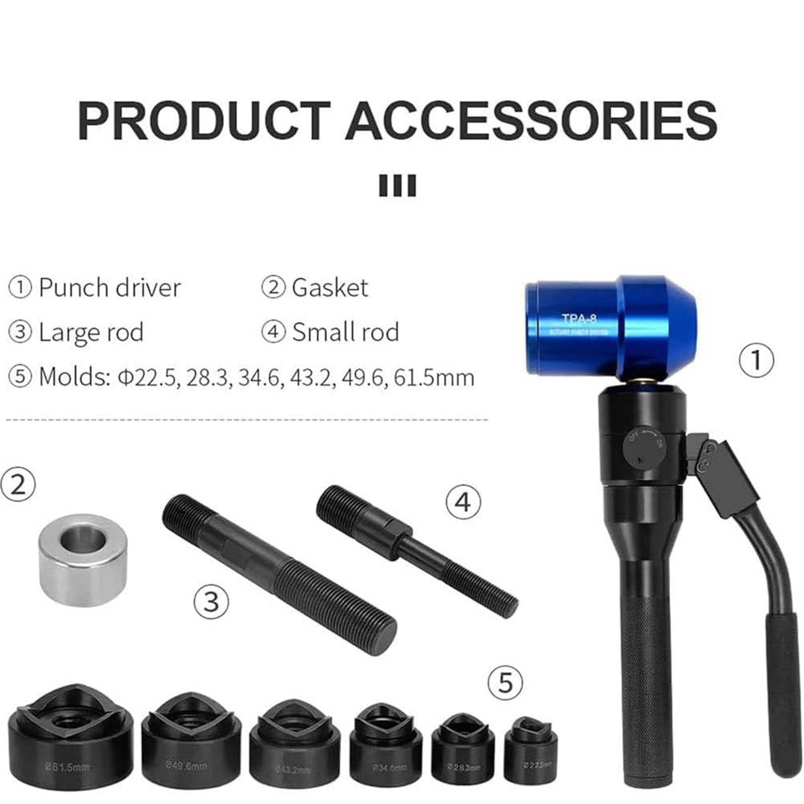 Perforador Hidráulico Portátil,Kit De Herramientas De Punzonado Hidráulico,6 Matrices Juego De Punzón Hidráulico,Para Perforar Chapas Metálicas,Metal Acero Aluminio Plástico,Blue