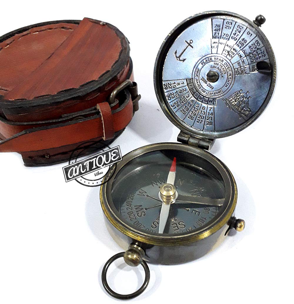 Vintage Calendar Brass Compasss with Case Leather Manual Magnetic Compass Camping-Traveling Sporting Goods(Sailor Gifts)