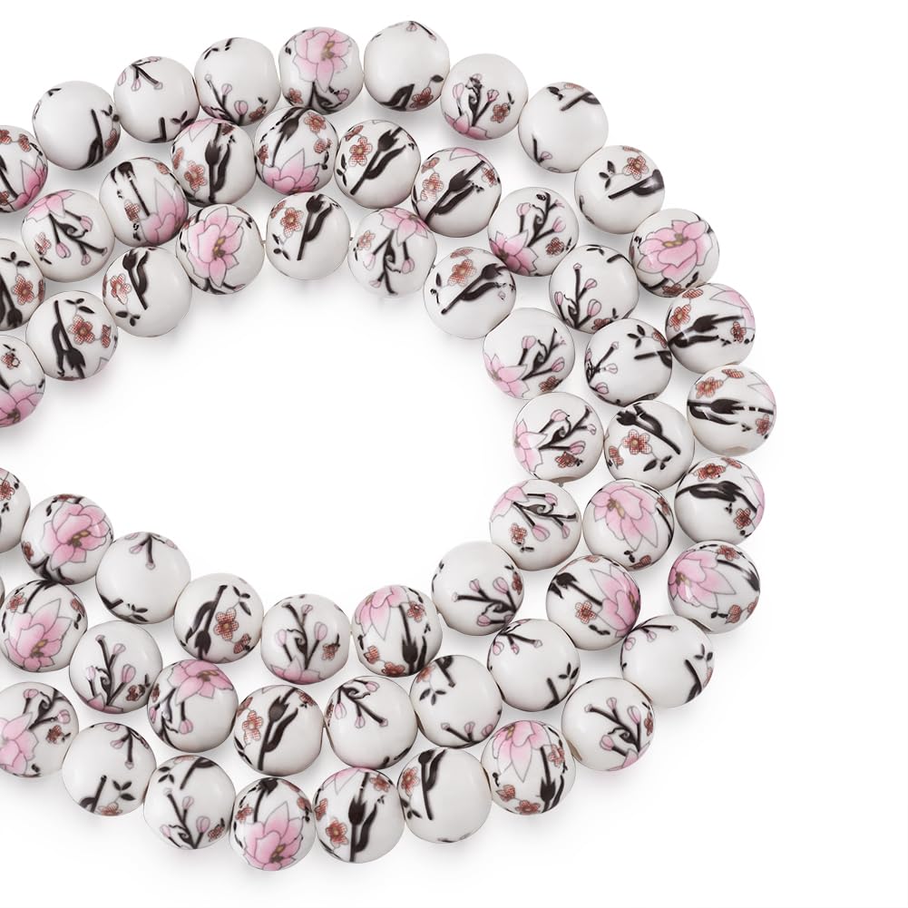 Perles rondes en céramique 10mm roses Elecrelive à motif floral pour bijoux (105 pièces)