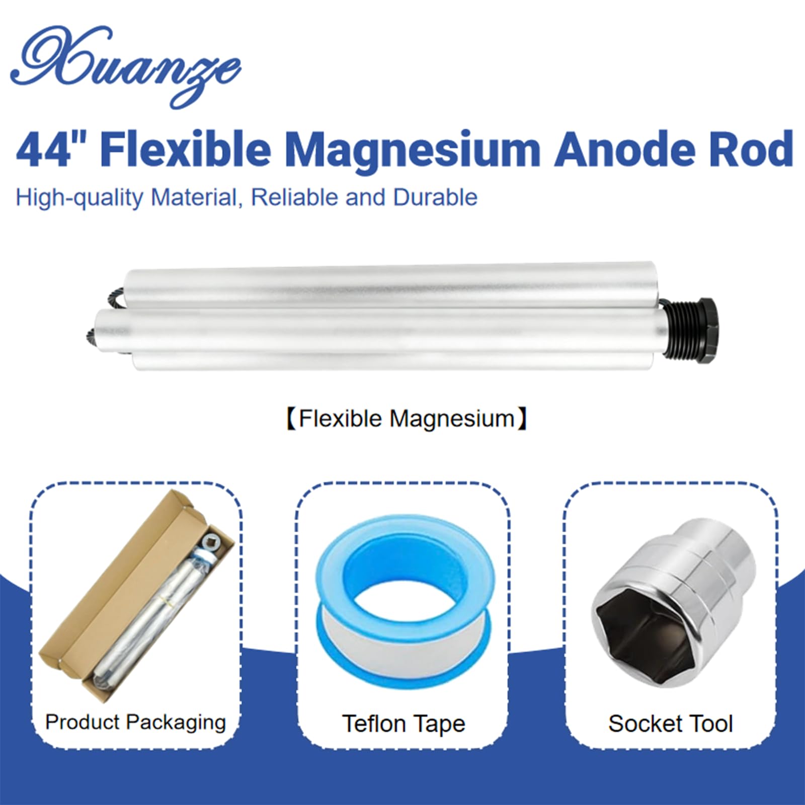 Condition photo showing New/Like New for 44" flexible magnesium anode rod for hot water heater includes socket, tape | water heater anode rod replace for ge, rheem, reliance, richmond, kenmore includes 1-1/16" hex socket tool & teflon tape