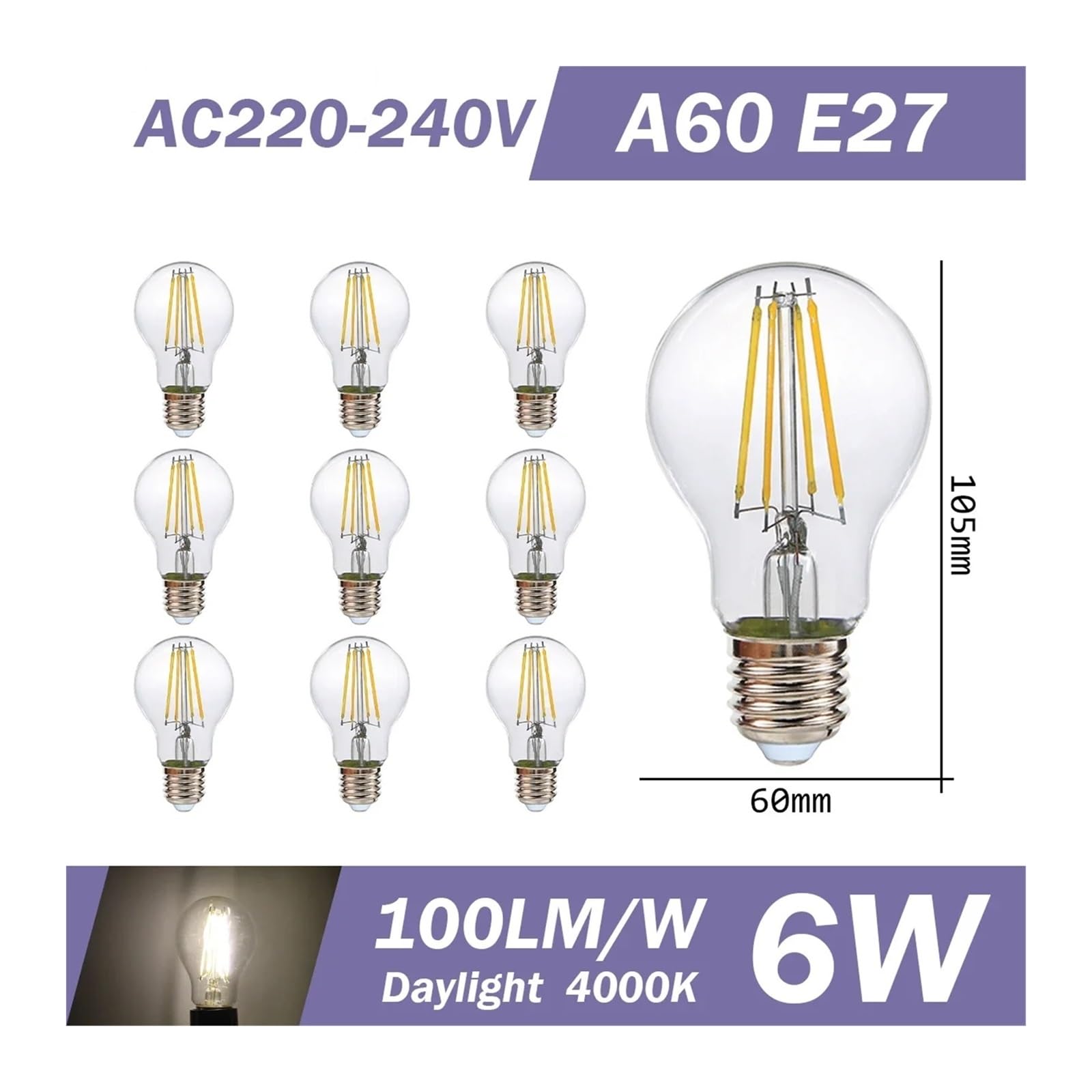 10 Bombillas LED Retro E27 E14 B22 de 220 V, filamento LED for el hogar, G45, A60, ST64, G80, G95, 2700 K, 4000 K.(A60 E27 4000K)