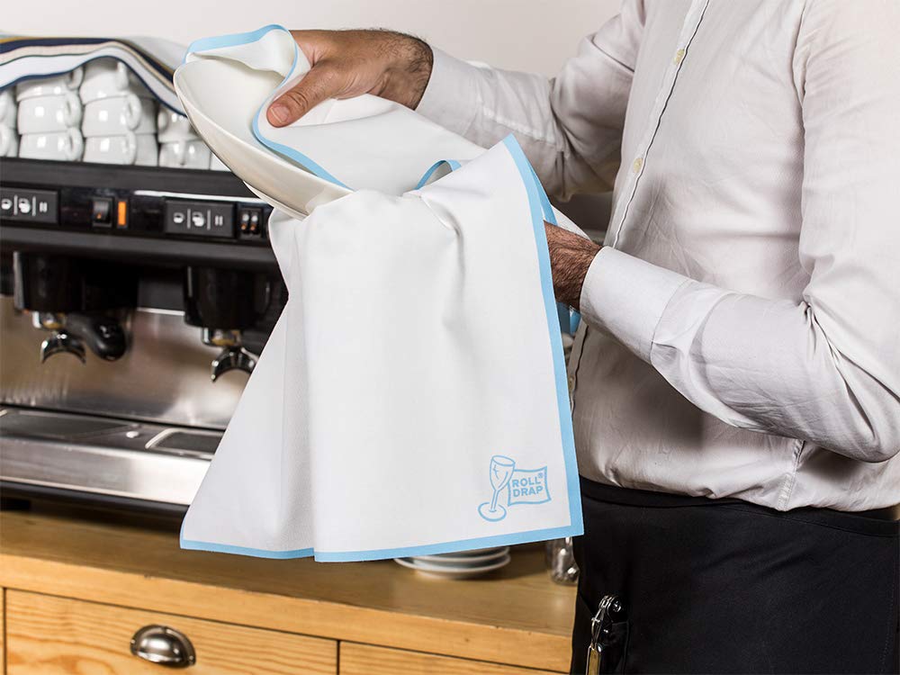 ROLL DRAP – Rollo de 8 Paños Extra Largo | Para Copas y Vajillas | 100% Algodón | Reutilizables | 40 x 80 cm | Blanco con cenefa azul | Formato Rollo, en Unidades Precortadas