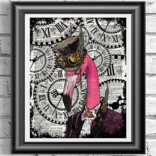 Steampunk Flamingo, Poster Print on Antique Dictionary book page, wall decor, Home decor, unique gift, pink flamingo steampunk buy now online Steampunk Flamingo, Poster Print on Antique Dictionary book page, wall decor, Home decor, unique gift, pink flamingo steampunk buy now online