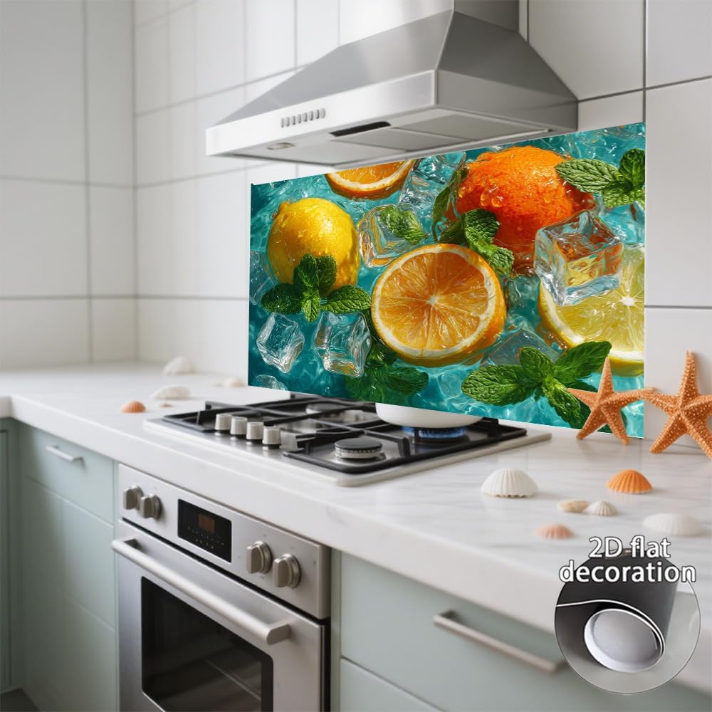 Kitchen Backsplash Wallpaper Peel and Stick Backsplash Oil Proof Sticker Citrus Ice Stove Wall Decor 35.4 x 23.6 Inch