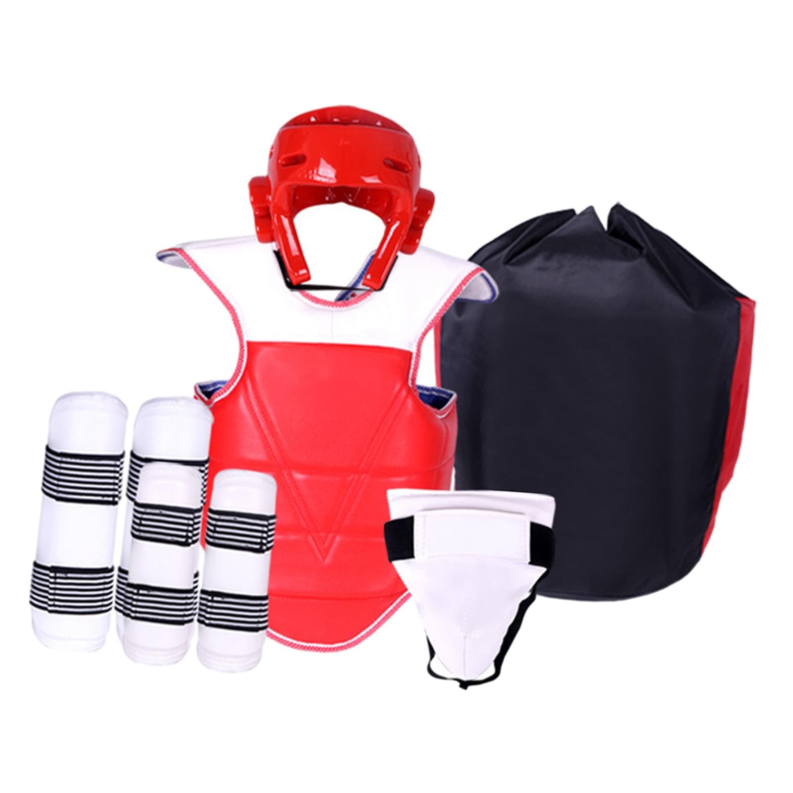 Perfeclan 5-Piece Taekwondo Gear Set for Adults & Youth, Padded Karate Sparring Equipment, Foam/PU versatile-sport Headgear forearm protector Shin Groin Guard, Red Black, M for Height 130-150cm