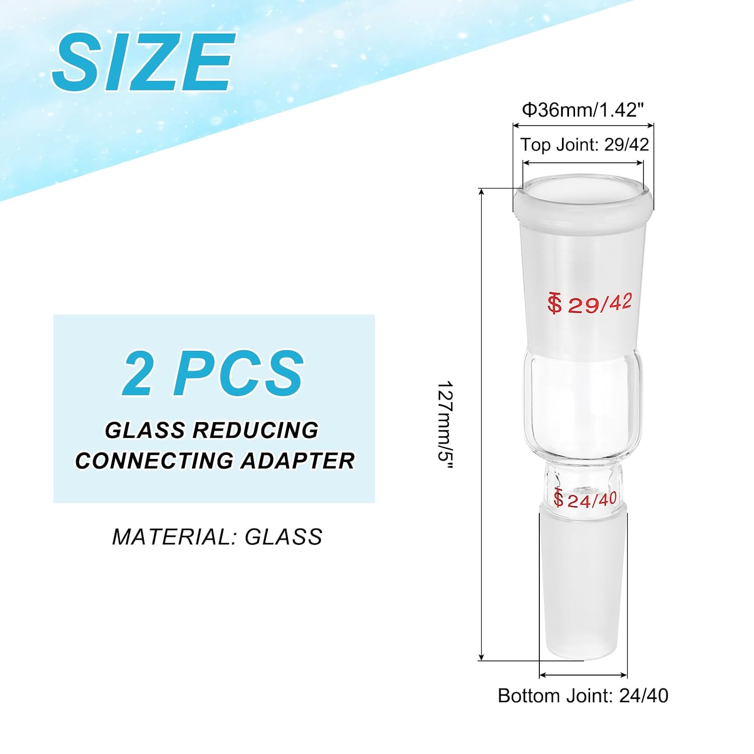 PATIKIL Borosilicate Glass Reducing Connecting Adapter, 2 Pcs from 29/42 Outer to 24/40 Inner Joint Connecting Adapter Distillation Parts for Lab Use Equipment Supply, Style 4