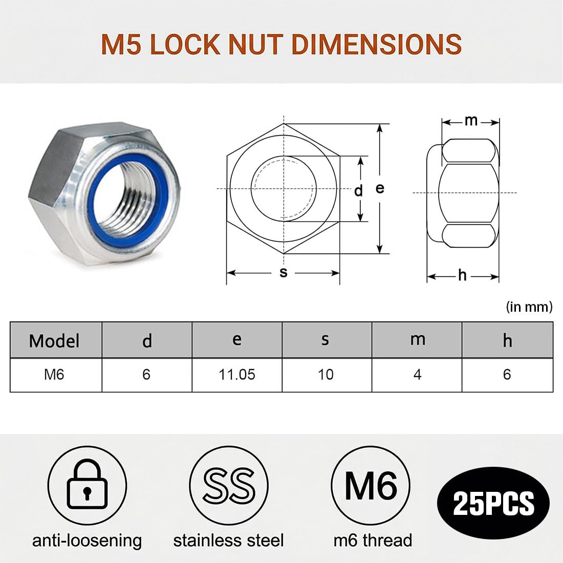 Viti M6, Dadi Autobloccanti In Acciaio Inox A2, Esagonali Din985, Argento, M6, 25 Pezzi