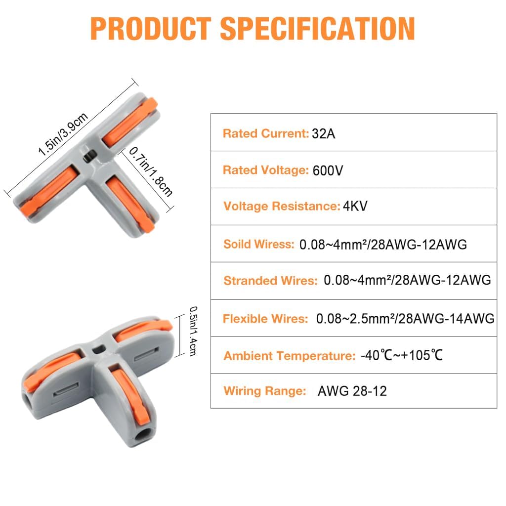 Appster 5pcs Wire Connectors T-Shape 3 Way Wire Conductor Quick Cable Splitter Electrical Push-in Terminal Block Compact Lever Nut Cable Connector Universal Wiring for AWG 28-12 Cables 2