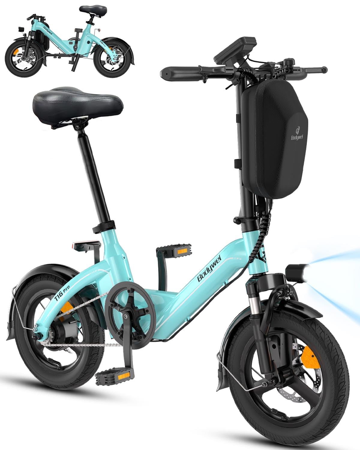 Bodywel T16PRO Bicicleta Eléctrica Plegable, 14" Mini E-Bike, 4.5 Pulgadas Pantalla LED, Batería 36V/10Ah, Frenos de Doble Disco y Suspensión Delantera
