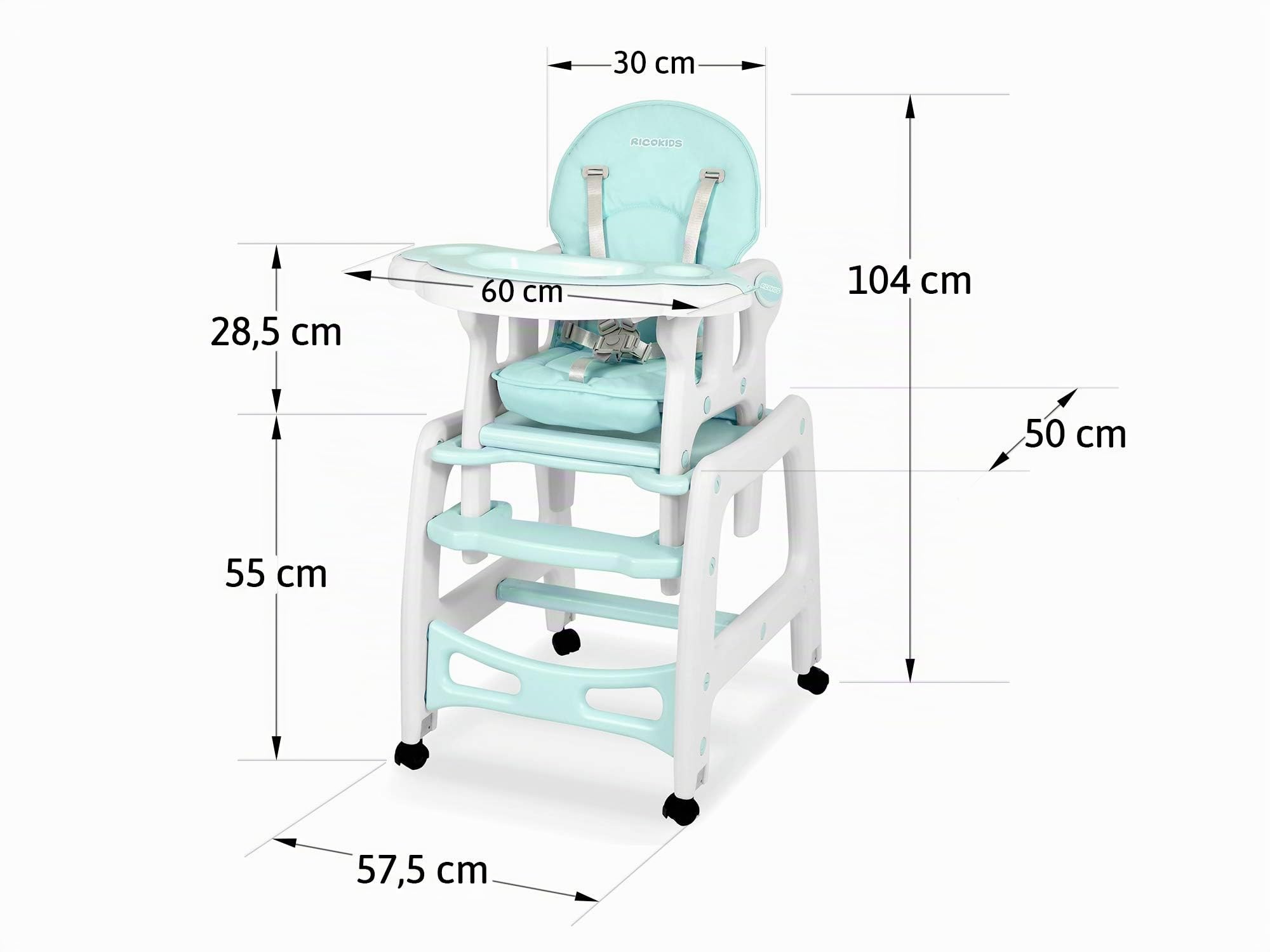Ricokids Sinco - Trona infantil para bebé que crece, trona multifunción 5 en 1, mesa + silla de bebé regulable, función de balancín, inclinación regulable en 3 posiciones del respaldo, color turquesa