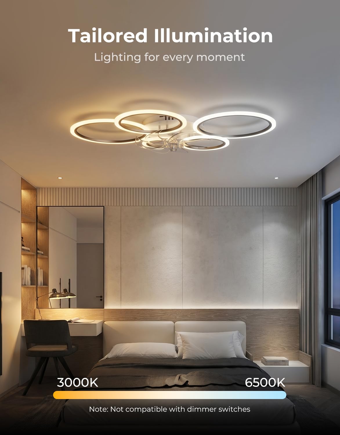 Lampe Ventilateur Plafond Noir Moderne Silencieux Cercle Plafonnier Ventilateur avec Telecommande Moteur DC Réversible Mode Eté Hiver pour Chambre Salon Cuisine, 100cm
