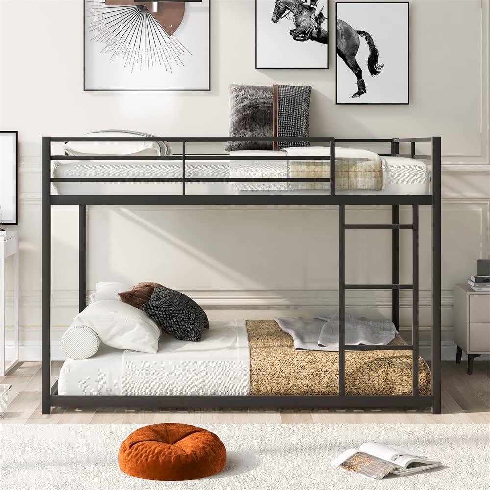 Metal Bunk Bed Twin over Twin, Heavy Duty Bunk Bed Frame with Full-Length Guardrails and Ladder, Floor Bunk Bed with Sturdy Slats Support for Teens Adults, Space Saving, No Box Spring Needed, Black