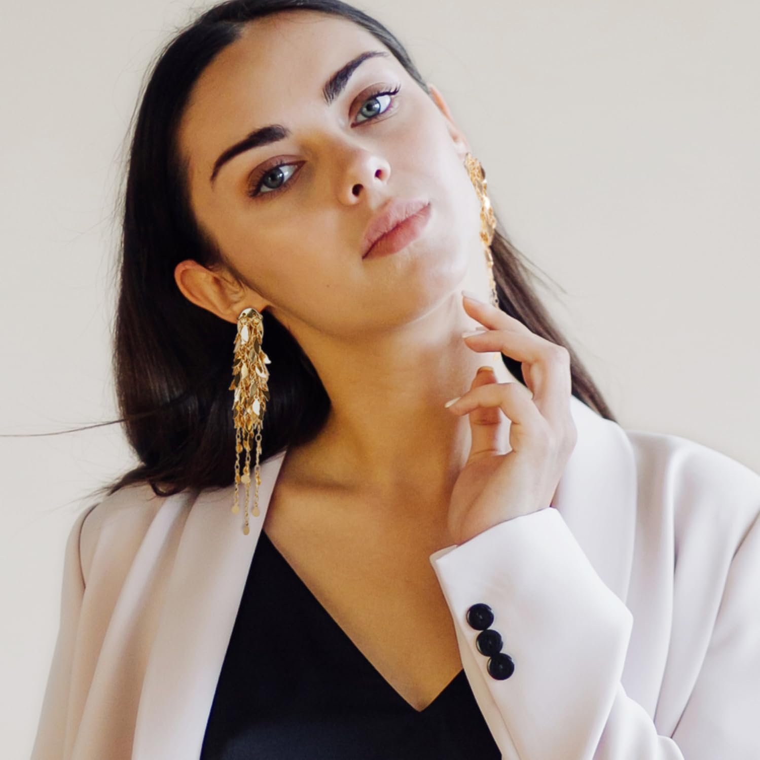 エレガント ゴールドメッキ ロング タッセル フリンジ ダングル ドロップ イヤリング レディース キラキラ ゴールド クラスター