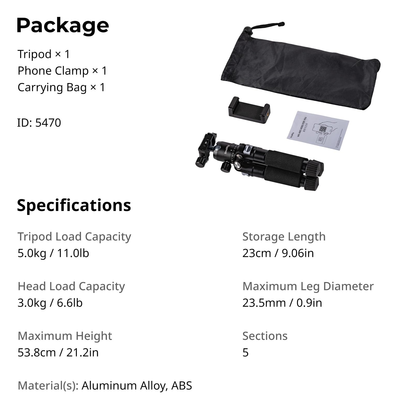 SMALLRIG VT-20Pro 53,8 cm Mini trépied pour Appareil Photo et Téléphone, Trépied Léger de Bureau en Alliage d'Aluminium avec Rotule 360° et Pince pour téléphone, Charge Max. 5 kg - 5470