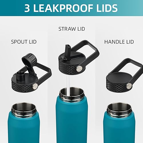 Miniatura 3 de Botella de agua aislada de acero inoxidable de 25 onzas con popote y 3 tapas, botella de agua deportiva sin BPA, botella de agua de viaje, azul lago