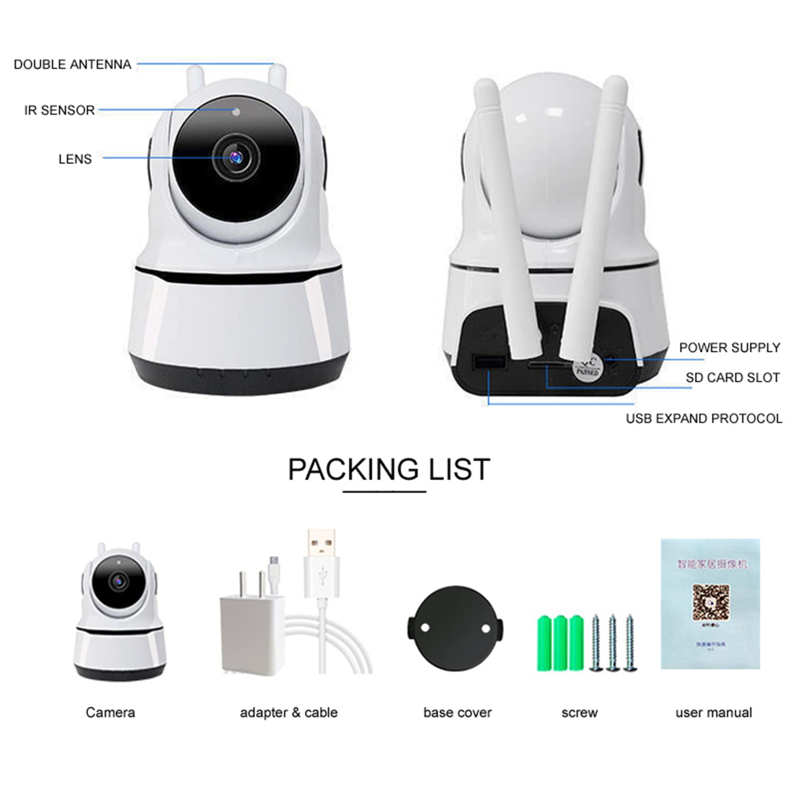 Kamera IP HD 1080P Wifi, kryty inteligentny nadzór bezpieczeństwa w domu Wykrywanie ruchu Night Vision Baby Monitor niania kamera dla zwierząt;