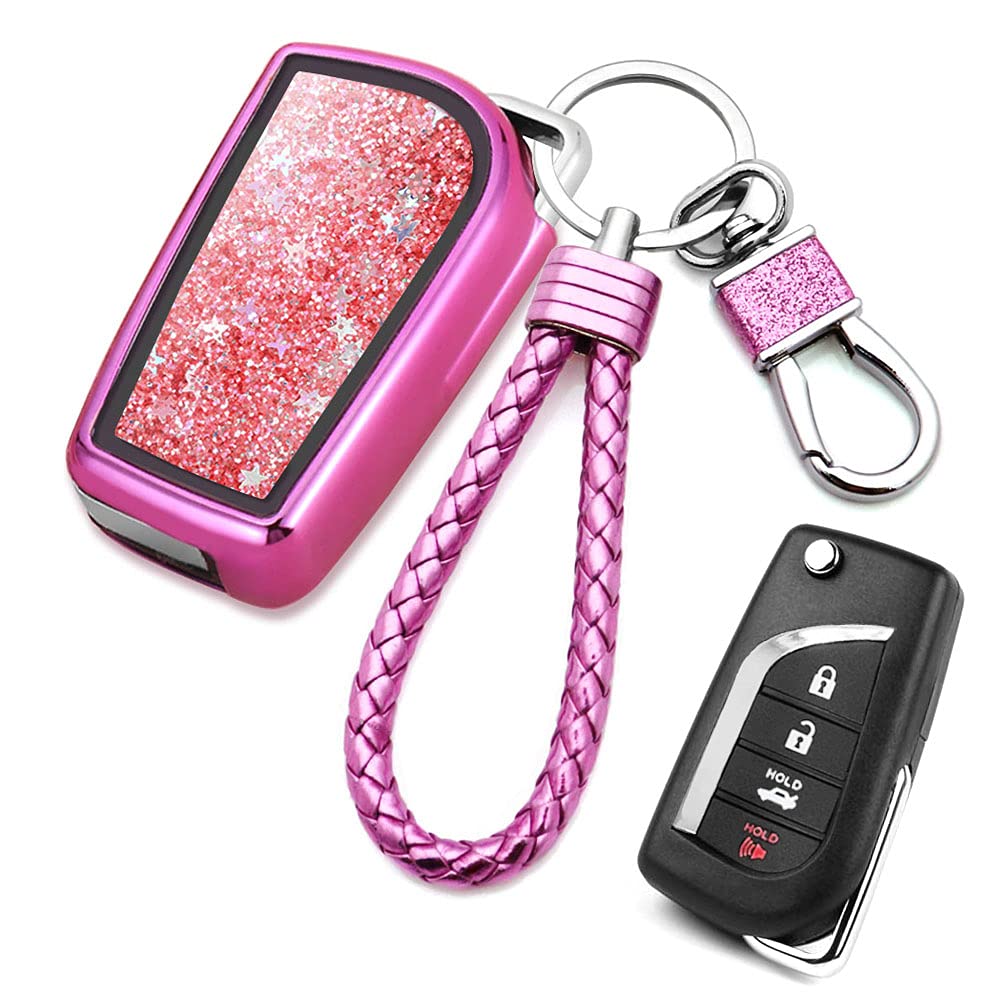 SenautoQuicksand Flip Key Fob Cover Case Compatible with Toyota Camry Corolla RAV4 CHR Highlander Fortuner Hilux Yaris (Pink)