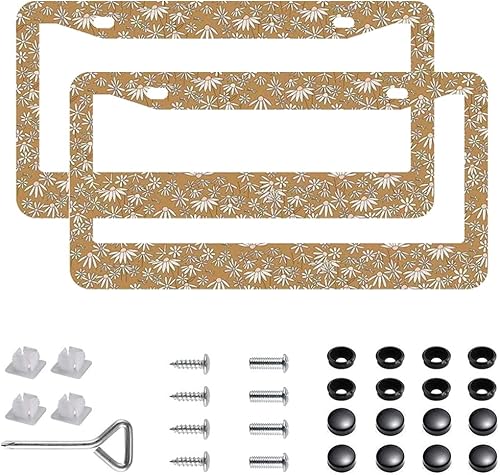 Miniatura 24 de Paquete de 2 marcos para placa de automóvil de acero inoxidable con tornillos, tapas y destornilladores, para mujeres y niñas, diseño de flores