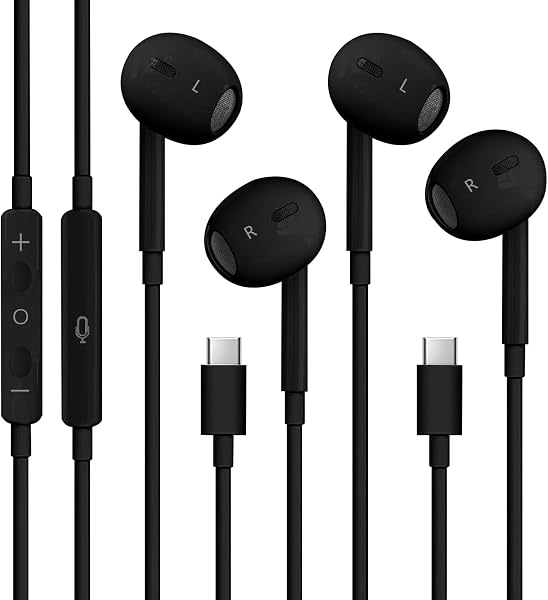 2 Packs USB C Headphones for iPhone 17/16/15, Noise Reduction Built-in Mic & Volume Control Headsets, Type C Earphones for Galaxy S24/S23/S22/S21/S20/Ultra Note 10/20, for Pixel 8/7/6/6a/5/4, Black - 2