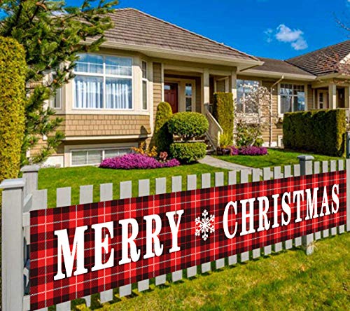Large Merry Christmas Banner, Red Buffalo Plaid Banner, Christmas Decorations for Outdoor or Indoor, - //coolthings.us