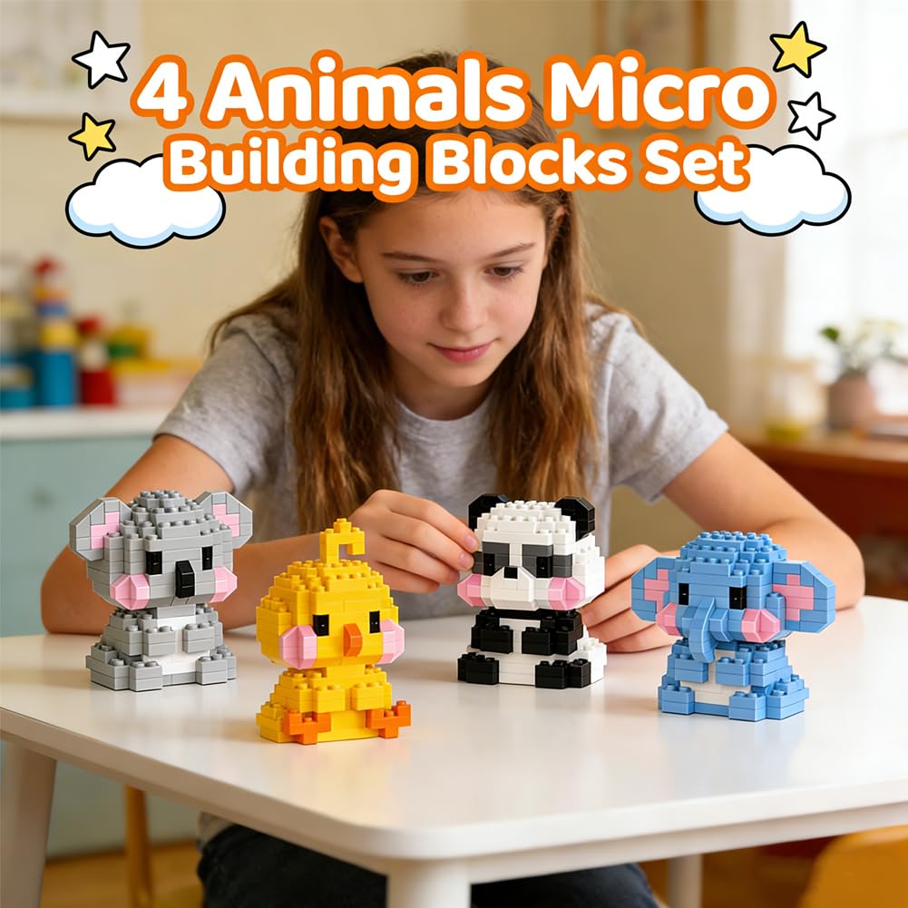 Bloques De Construcción Mini Animales 4 Figuras | Pingüino, Elefante, Koala Y Panda Rojo | Ladrillos De ABS | Set Para Jugar Y Exponer | Regalo Para Niños +6 Años