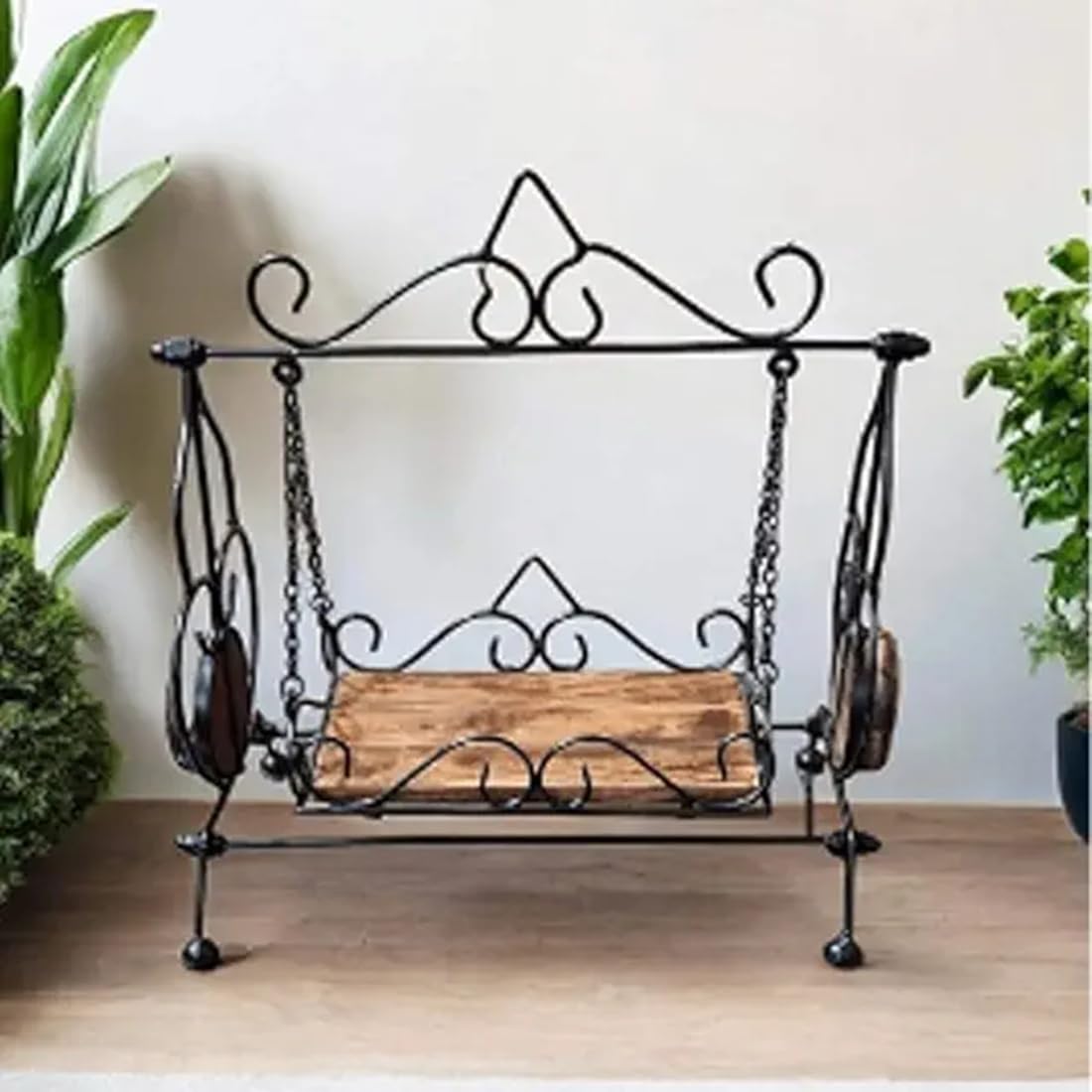 Rustic Garden Swing Bench with Decorative Scrollwork, Black Metal Frame, Wooden Seat, Hanging Patio Furniture-image-26