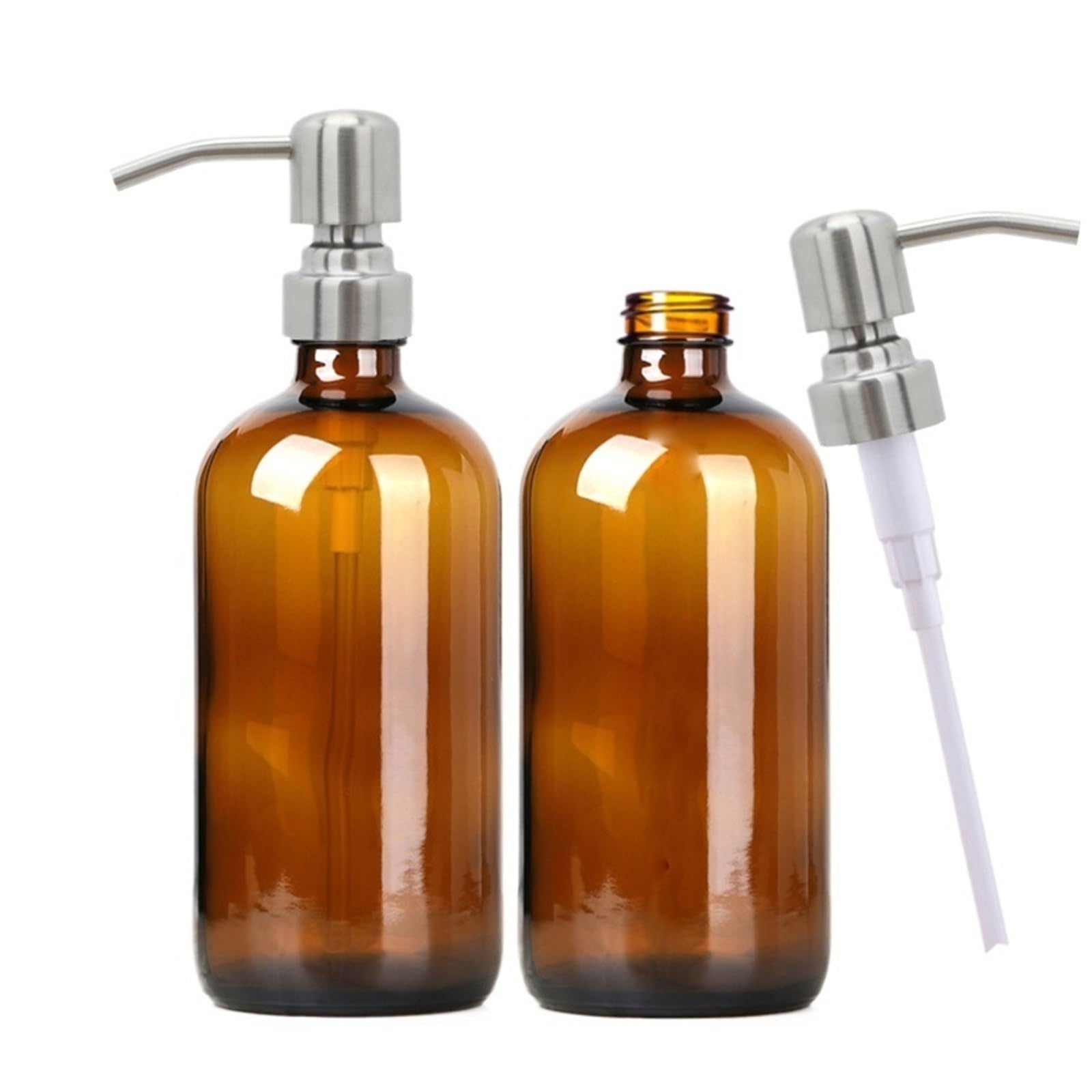 Dispenser di sapone in vetro ambrato con pompa nera, mano liquida for bagno, piatto da cucina, 2 pezzi 16 Oz 500 ml(Silver pump)