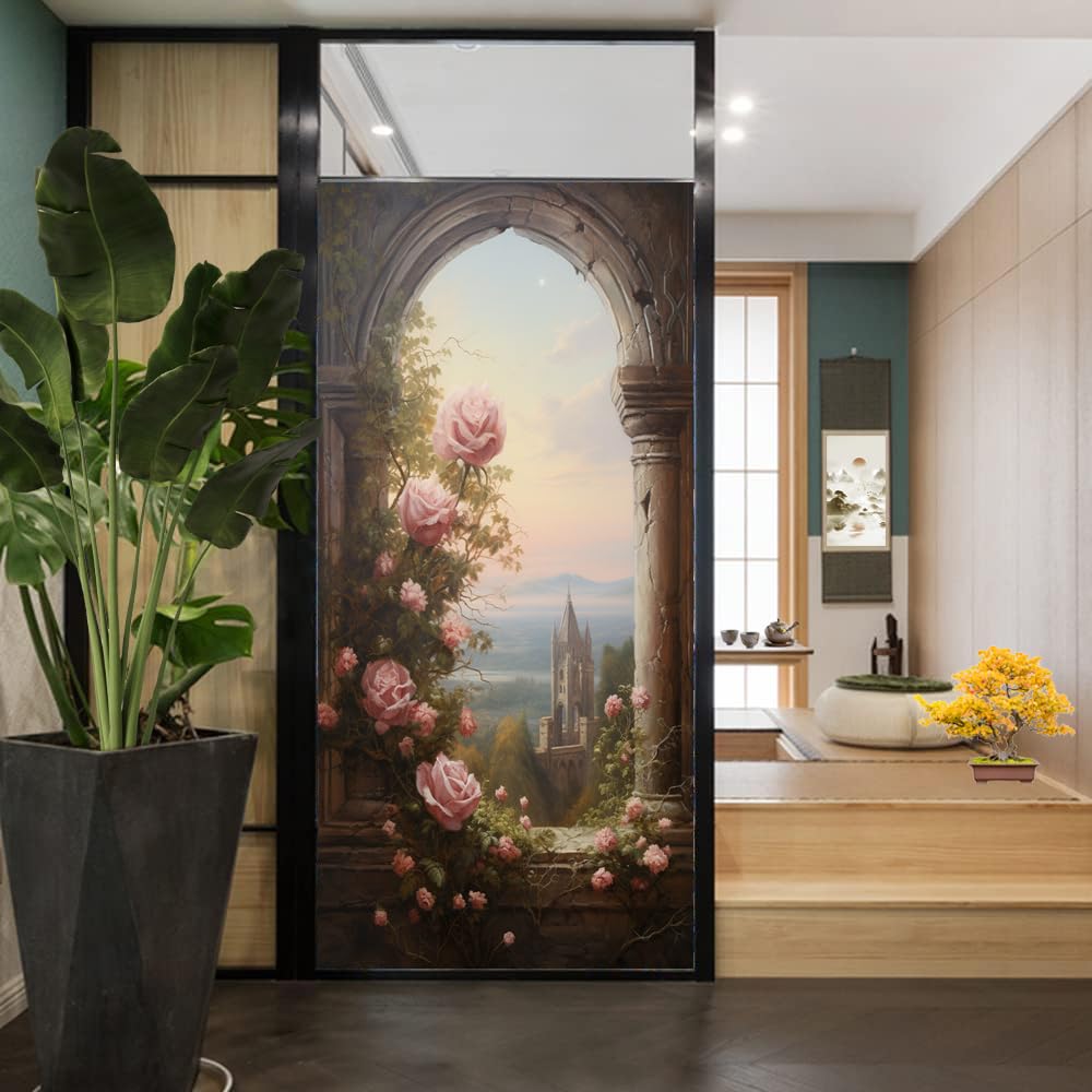 Charmante rosa Blumen Buntglas-Fensterfolie, Vintage, Natur, Blumenmuster, Stadtblick, Sichtschutz, Fensterfolie, Glastürabdeckung, nicht klebende Fensteraufkleber für Badezimmer, Küche, 80 x 140 cm